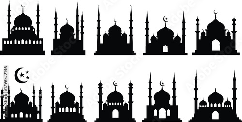 Mosque silhouette illustration set, Islamic architecture vector, dome and minaret design, religious landmark graphics, cultural heritage building collection