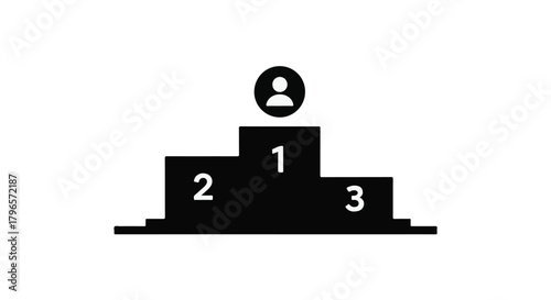 First place winner stands atop a winner's podium in a competition, celebrating success.