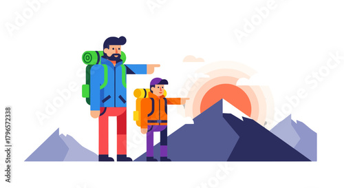 Father And Son Adventure Into Mountains Exploring And Looking At The Rising Sun