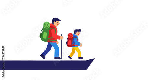 Father And Son Adventure Hiking Together, Exploring The Great Outdoors On A Journey