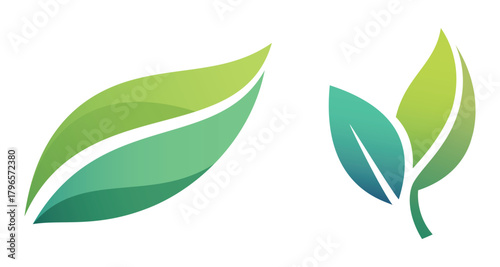 Green and teal gradient leaves icon set for organic food natural product eco-friendly logo and environmental design
