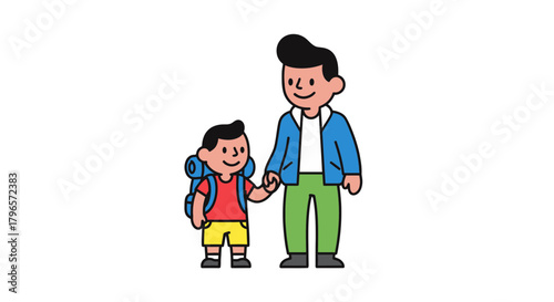 Father And Son Adventure: Smiling Cartoon Characters Ready For Exploration