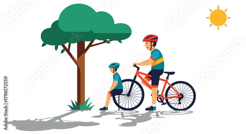Father And Son Taking A Break Under The Shade Of A Tree During A Bike Ride
