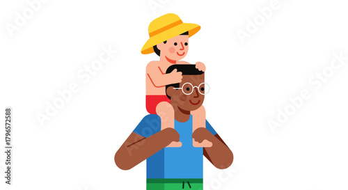 Father Carries Child On His Shoulders, Vector Illustration Against Black Background