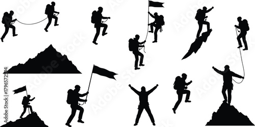 Mountain climber silhouette set, adventure ascent poses, peak achievement vector, climbing gear illustration, outdoor exploration design, mountaineering posture collection