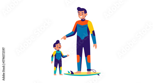 Father And Son Surfing Together Under The Sun Exploring Water Sports Adventure