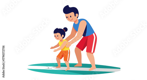 Father Teaching Child Surfing, Family Fun and Activity on Surfboard, Sport Training
