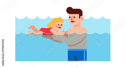 Father Teaching Child to Swim and Having Fun Together in the Pool Swimming Lesson