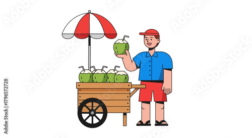 Fresh Coconut Vendor Offering Refreshing Drinks Under a Colorful Parasol