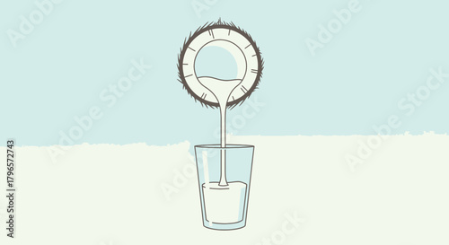 Fresh Coconut Milk Pouring Into Glass With Simplified Vector Style Illustration