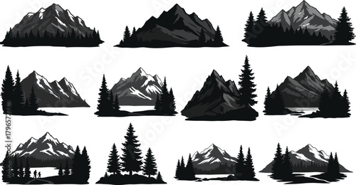 Mountain silhouette illustration set, pine forest and hiking scenes, nature vector design, outdoor adventure graphics, wilderness landscape collection