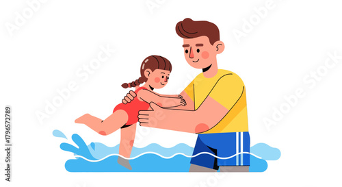 Father Teaching Daughter Swimming In a Pool Vector Illustration With Black Background