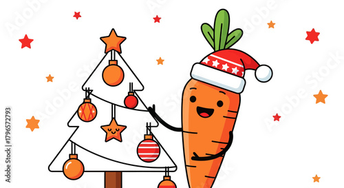 Festive Carrot Decorating Christmas Tree With Holiday Ornaments And Stars