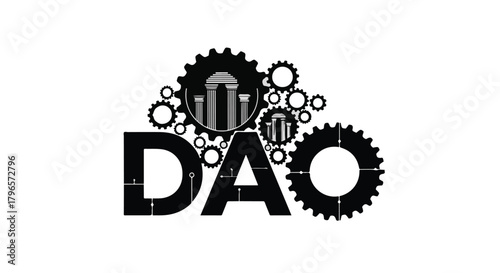Decentralized Autonomous Organization symbol with gears and architecture elements