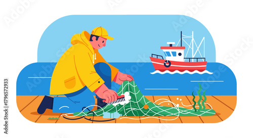 Fisherman At Work Preparing The Fishing Net With Colorful Illustrative Art