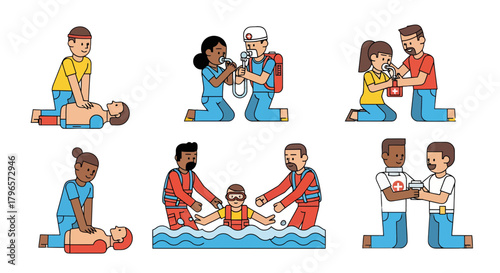 First Aid Procedures Illustrated Demonstrating Healthcare Professionals' Assistance and Support