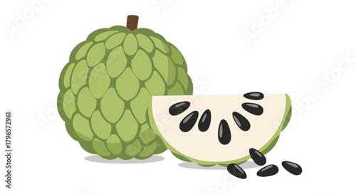 Fresh Custard Apple Illustration Showing Entire Fruit And Cut Slice With Seeds, Isolated