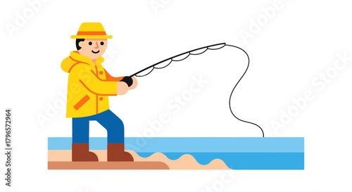 Fisherman Casting A Fishing Line In Calm Waters Enjoying Leisurely Outdoor Activity