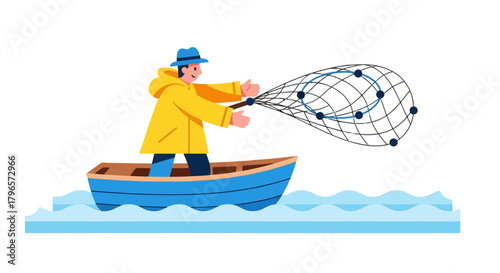 Fisherman Casting A Fishing Net From A Small Boat On The Water, Illustration