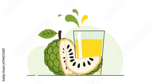 Fresh Custard Apple Juice Illustration Graphic With Slices and Leaves Healthy Drink