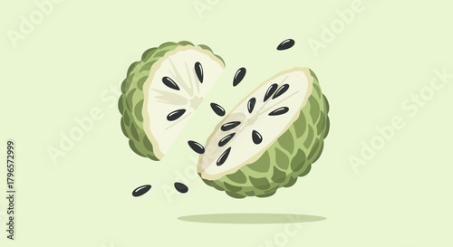 Fresh Custard Apple Illustration Showing Its Internal Elements Against Subtle Verdant Base