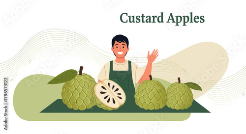 Fresh Custard Apples With A Smiling Seller Announcing A Delicious Fruit Harvest