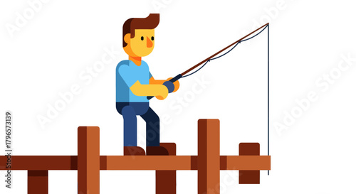 Fisherman Fishing Off a Wooden Pier, Vector Illustration Isolated on Black Background