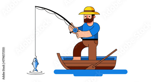 Fisherman in A Boat Enjoying Peaceful Moments on Water Catching Fish Animation