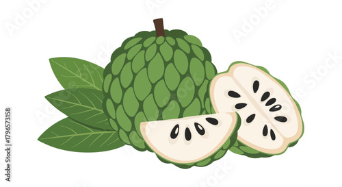 Fresh Custard Apples with Leaves and Slices, Isolated Against a White Background