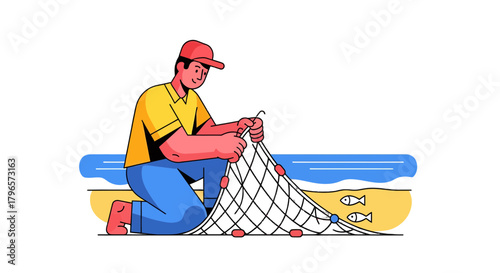 Fisherman Repairing A Fishing Net Beside The Shoreline In Bright Cartoon Style