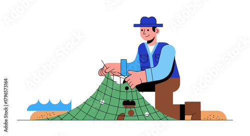 Fisherman Repairing a Net Depicting the Concept of Fishing and Marine Activities