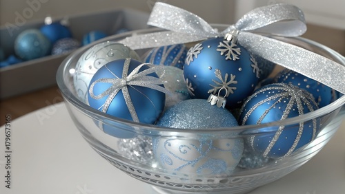 Blue Ornaments with Silver Ribbons and Glitter in Glass Bowl Banner