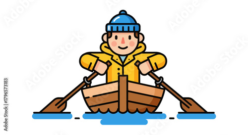 Fisherman Rowing A Small Boat Against A Dark Background With Minimalist Art