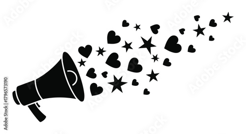 Megaphone broadcasting love and positive messages with stars and hearts.