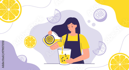 Fresh Homemade Passion Fruit Juice Preparation in Modern Minimalist Illustrated Style