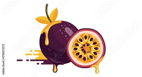 Fresh Illustrative Passion Fruit Design With Drips Of Sweet Golden Syrup On a White Background