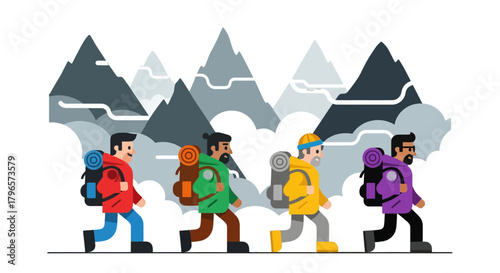 Four Happy Hikers Trekking Through Mountains And Crossing Their Environmental Boundaries