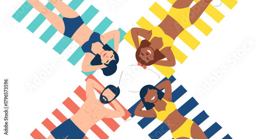 Four People Relaxing in Swimwear on Beach Towels, Forming an Eye-Catching Composition