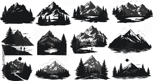 Mountain landscape illustration set, black-and-white nature scenes, forest and river vector, outdoor adventure design, scenic silhouette collection