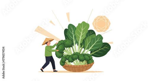 Fresh Broccoli Harvested by a Farmer with Basket and Artistic Solar Flare