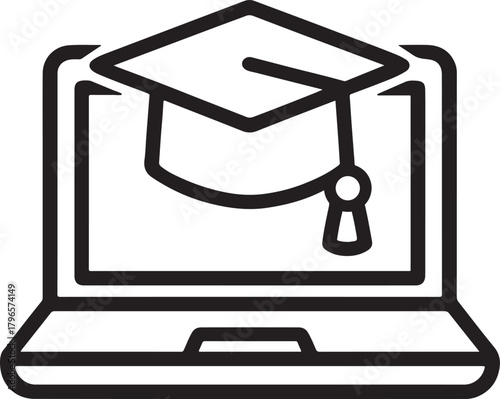 Silhouette laptop with emerging graduation hat symbolizing modern online education evolution.
