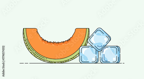 Fresh Cantaloupe Slice And Ice Cubes Illustration, Refreshing Dessert Vector Design