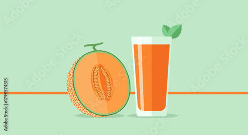 Fresh Cantaloupe Juice Displayed Beside a Halved Cantaloupe on Monochromatic Backdrop