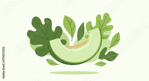 Fresh Cantaloupe Slice with Decorative Leaves Isolated On Light Green Background, Vector