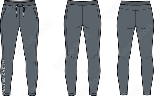 Jogger pants front, back, side view, dark gray casual wear, technical fashion sketch, apparel design, garment illustration, vector template