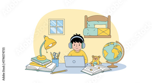 Young student learning online at home with laptop books and globe in his room