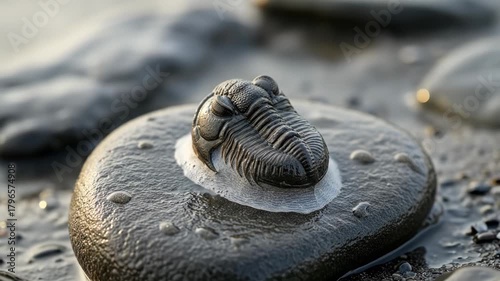 Ancient Trilobite Fossil Resting on a Smooth Stone in a Shallow Stream.