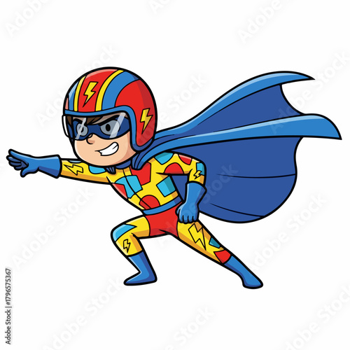 Cute Cartoon Superhero Boy in Action Pose with Blue Cape and Lightning Bolt Motif