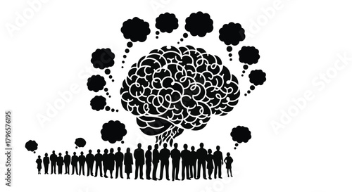 Diverse group of people connected by shared thoughts emanating from a central brain illustration