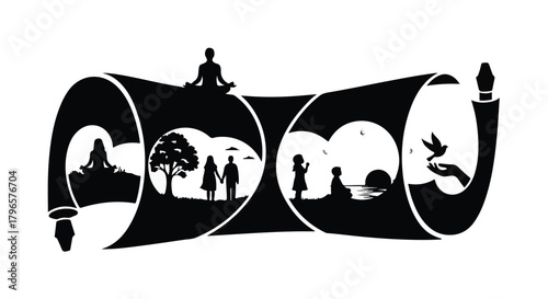 Silhouettes of life's journey and peaceful moments unfold on a symbolic scroll.